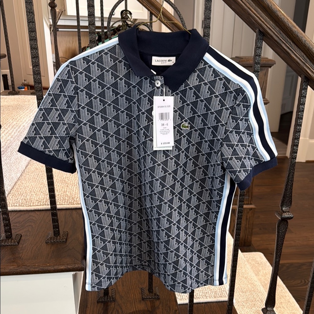 Lacoste Patterned Polo Shirt in Navy and White
